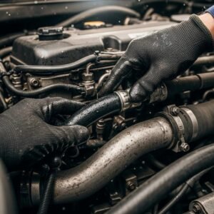 Visão de mãos com luvas ajustando mangueira automotiva no compartimento do motor, destacando manutenção técnica de sistemas como intercooler e arrefecimento da marca Flexfab.