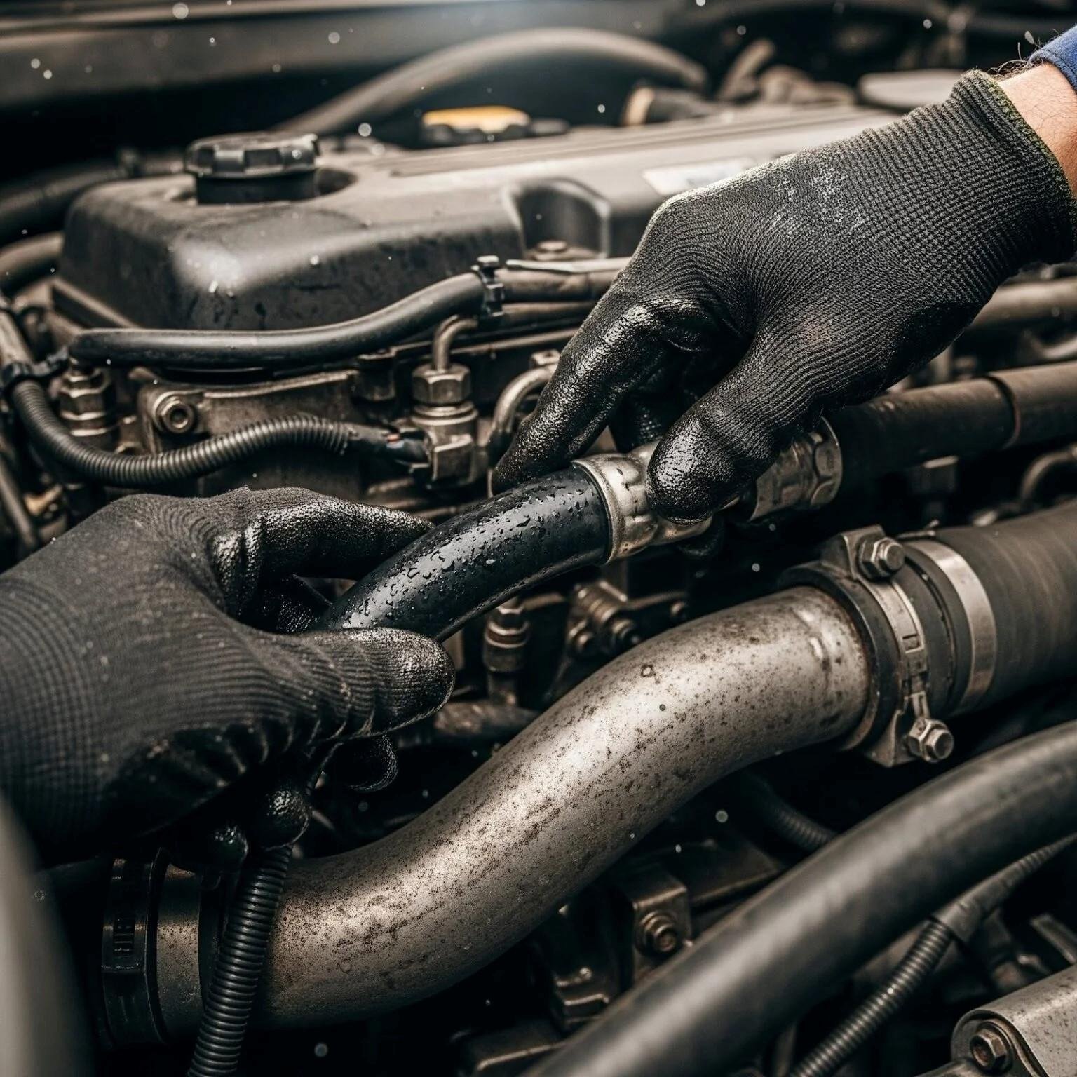Visão de mãos com luvas ajustando mangueira automotiva no compartimento do motor, destacando manutenção técnica de sistemas como intercooler e arrefecimento da marca Flexfab.